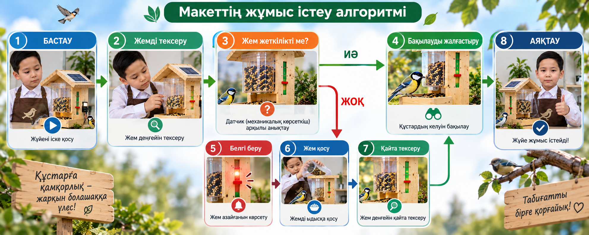 Жем деңгейін тексеру, белгі беру және жем қосудан тұратын жұмыс алгоритмі